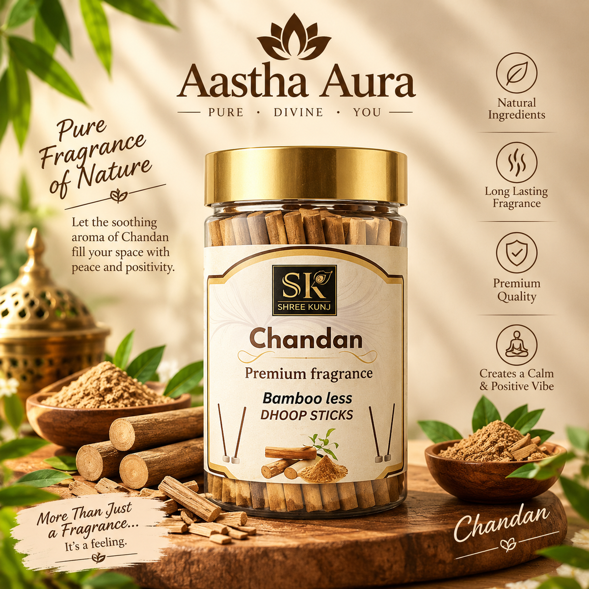 Aastha Aura Chandan Premium Dhoop Sticks – Pure Fragrance of Nature