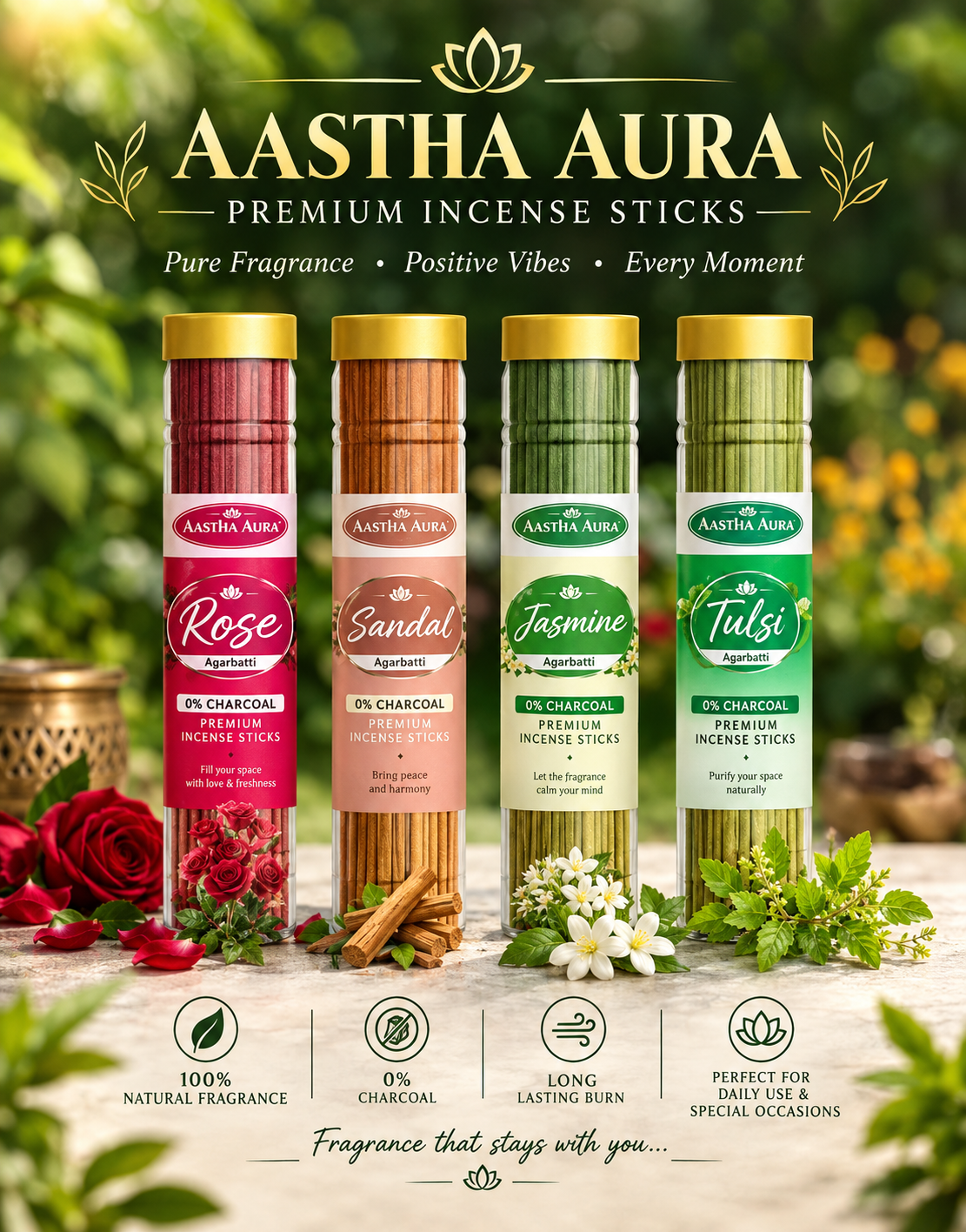 Aastha Aura Premium Incense Sticks – Rose, Sandal, Jasmine & Tulsi