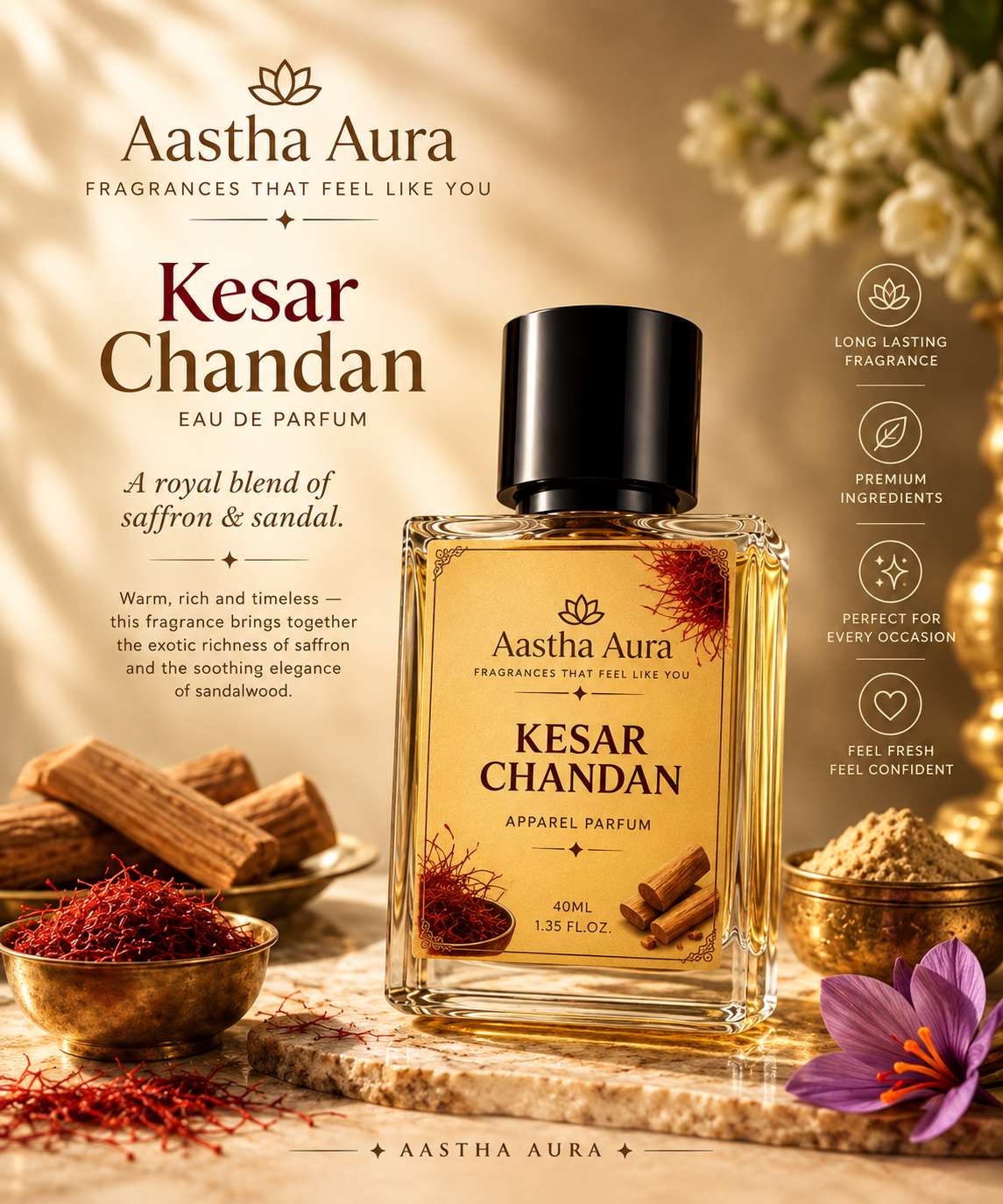 Aastha Aura Kesar Chandan Eau de Parfum – Royal Saffron & Sandalwood Fragrance