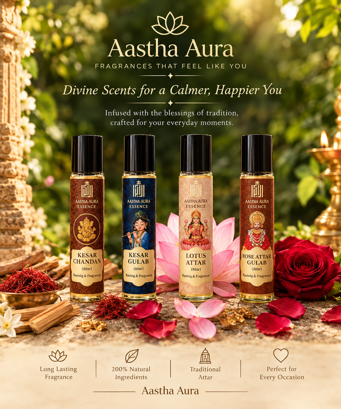 Aastha Aura Divine Attar Collection – Kesar Chandan, Kesar Gulab, Lotus & Rose Gulab