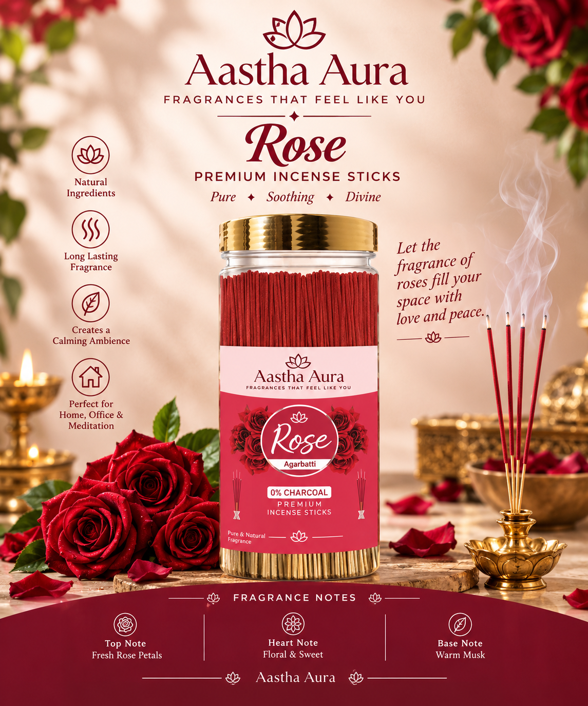 Aastha Aura Rose Premium Incense Sticks – Pure, Soothing & Divine Fragrance