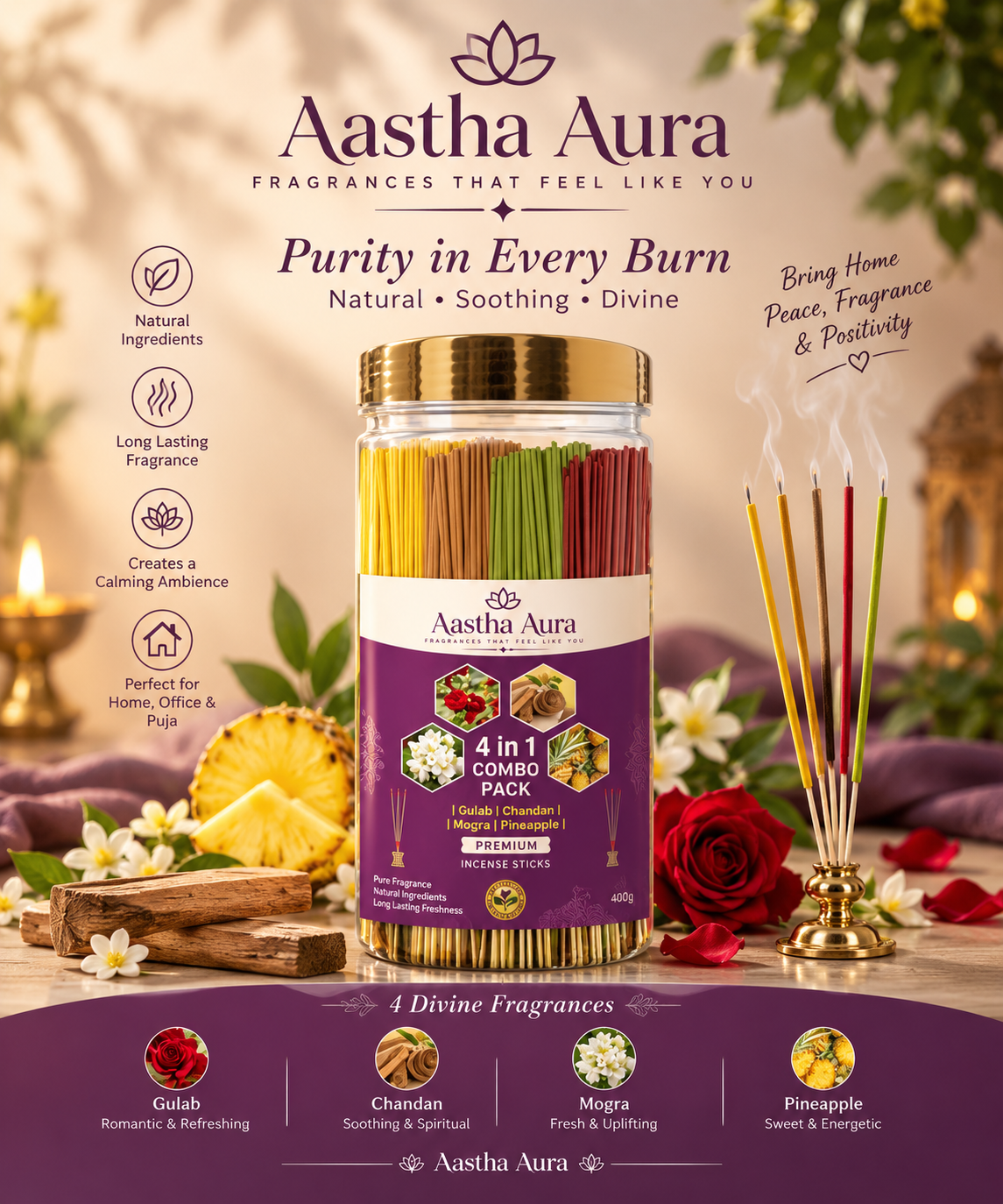 Aastha Aura 4-in-1 Incense Stick Combo, featuring Gulab, Chandan, Mogra, and Pineapple