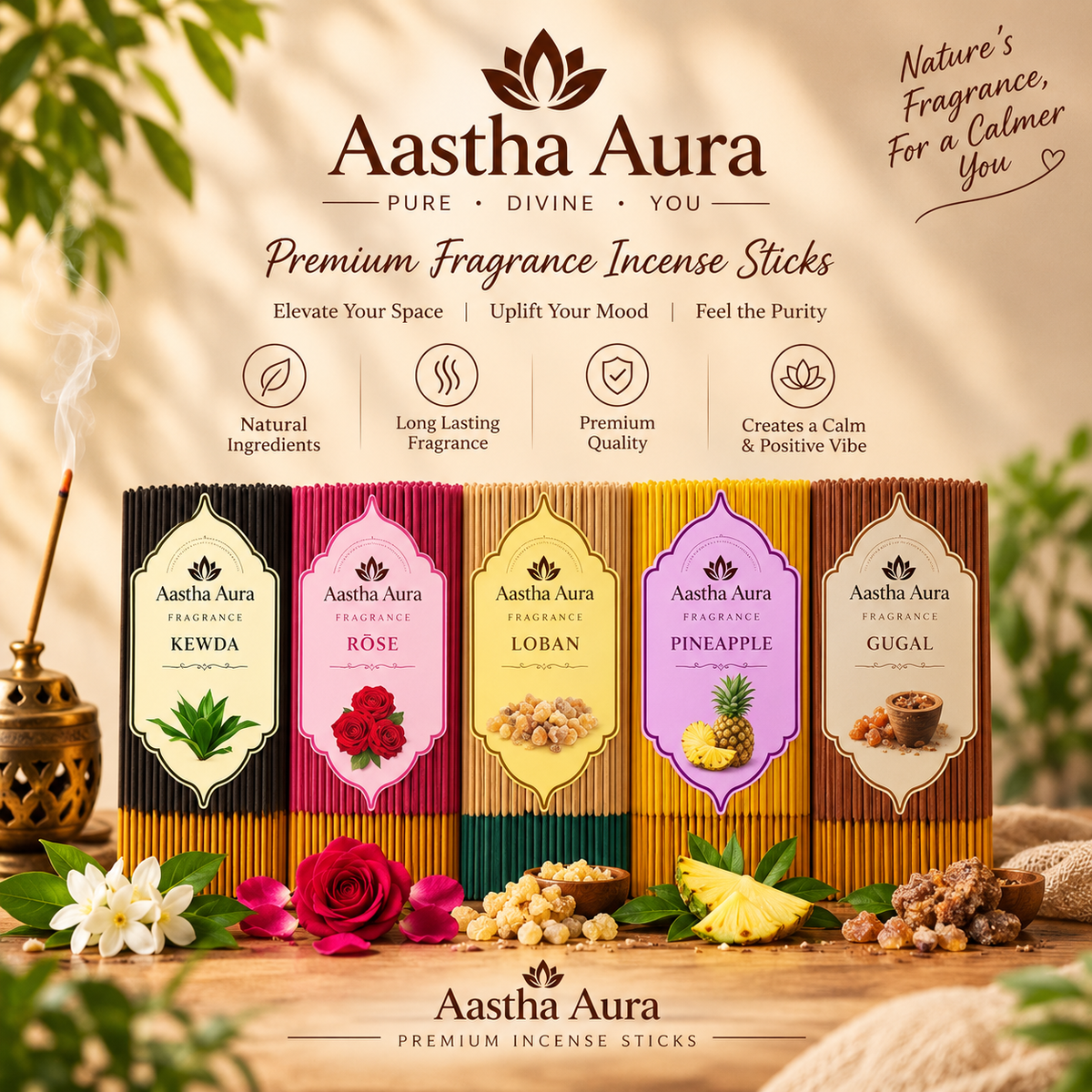 Aastha Aura Premium Incense Sticks – 5 Natural Fragrances